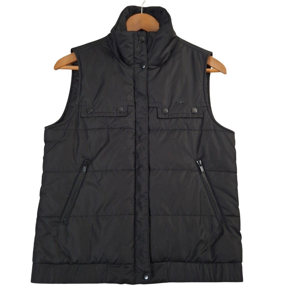 Lacoste Women's Puffer Vest Size 38 Black Quilted Full Zip Snap Pockets